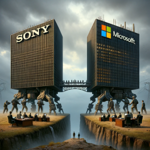 DALL·E 2023 12 27 13.34.04 The ongoing corporate dispute between Sony and Microsoft over Microsofts acquisition of Activision Blizzard is escalating. Visualize a metaphorical r