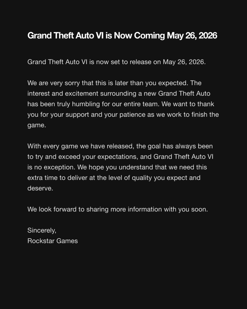 GTA VI Delayed May 26